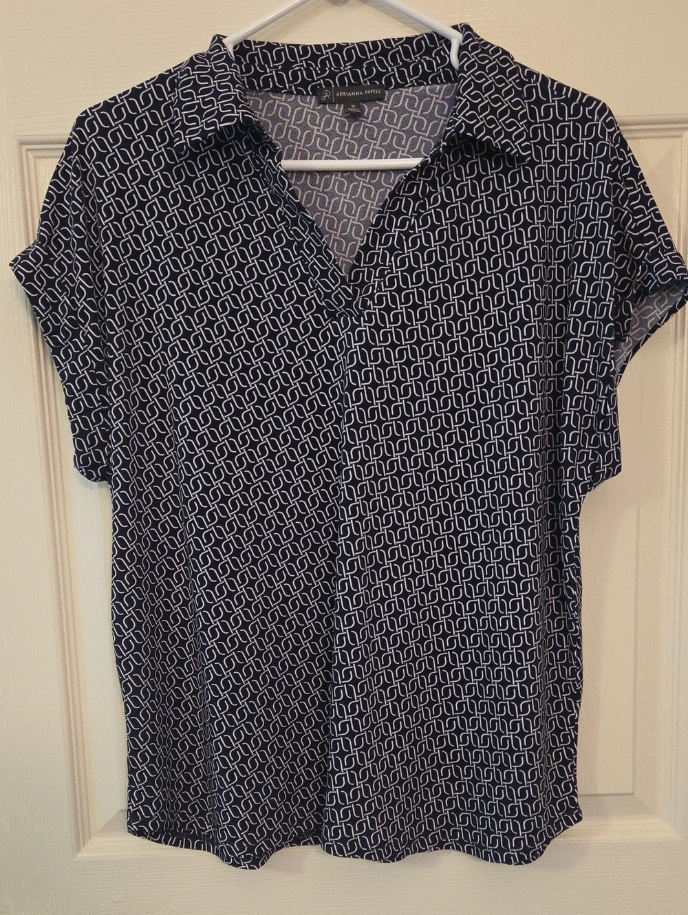Adrianna Papell Dark Blue White Geometric Collared Blouse Medium